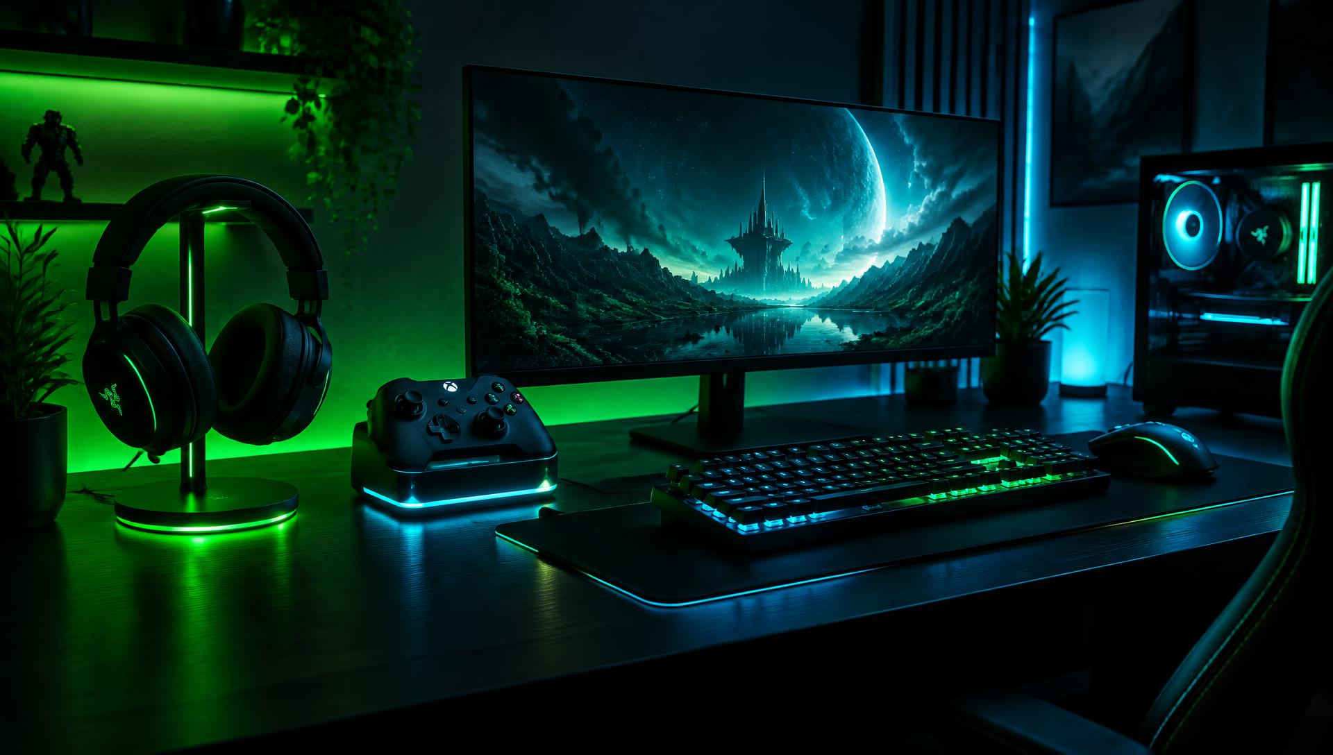 Setup gaming Revolve avec éclairage néon vert et cyan